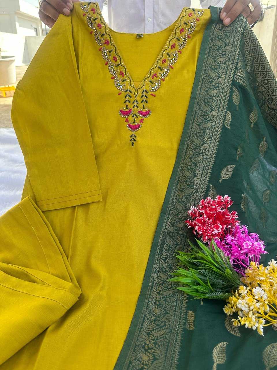 Yellow Embroidred Cotton Kurtis